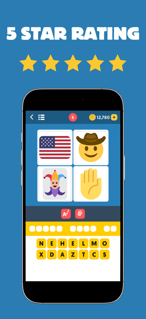 Una captura de pantalla del juego de Adivina La Canción: Quiz de Emojis que muestra una calificación de cinco estrellas y un nivel de rompecabezas de emojis.