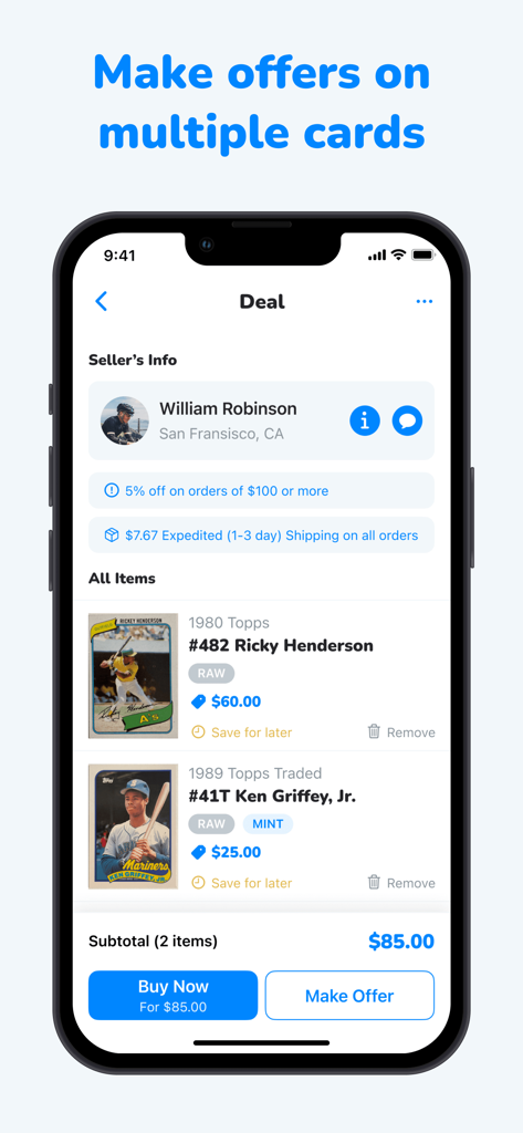 CollX: Sports Card Scanner - CollX app screen showing a marketplace deal for multiple baseball cards with options to buy now or make an offer