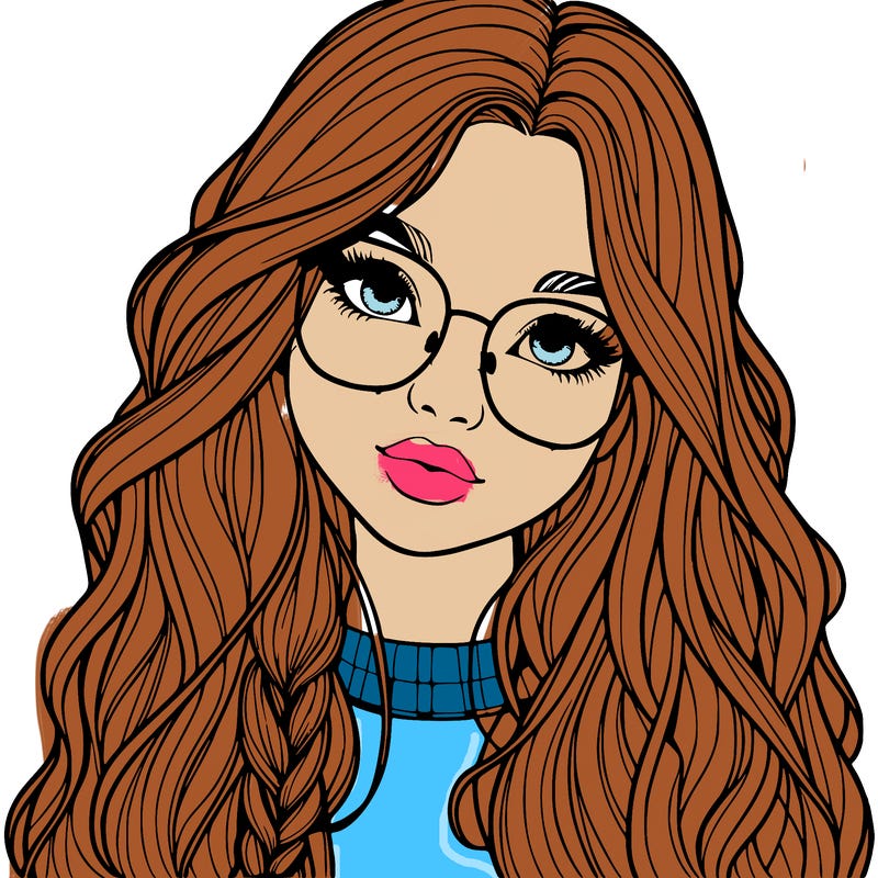 girl with long hair and freckles and glasses realistic