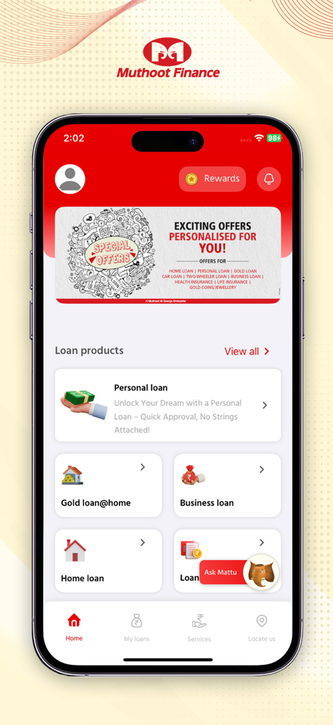 iMuthoot mobile app dashboard showing personal and gold loan product options
