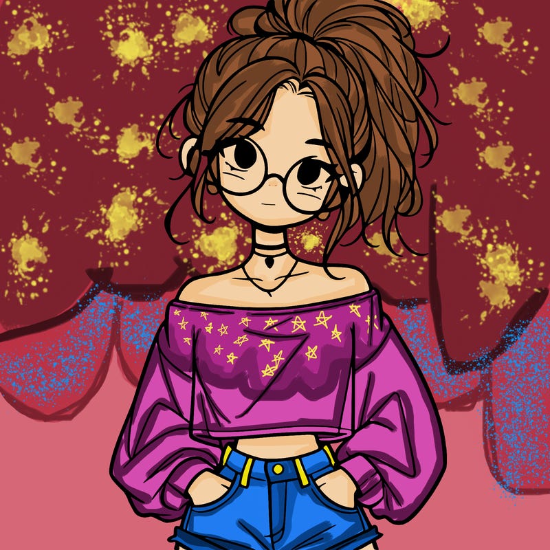 girl with a messy ponytail glasses a baggy crop top and jean shorts