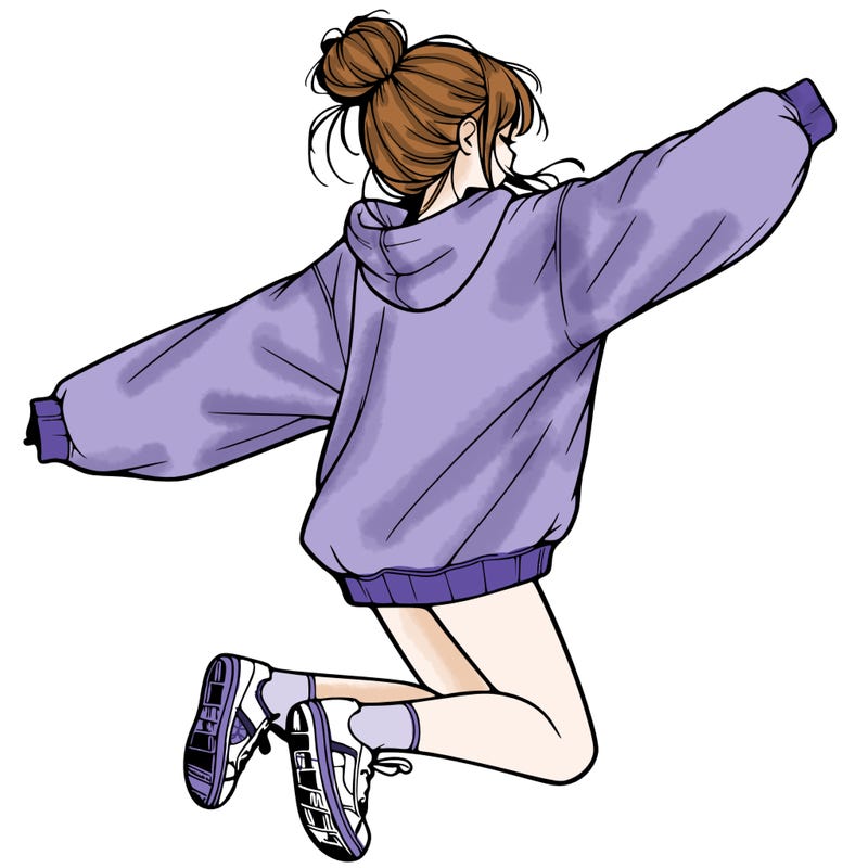 realistic girl jumping with a bun and oversized sweatshirt