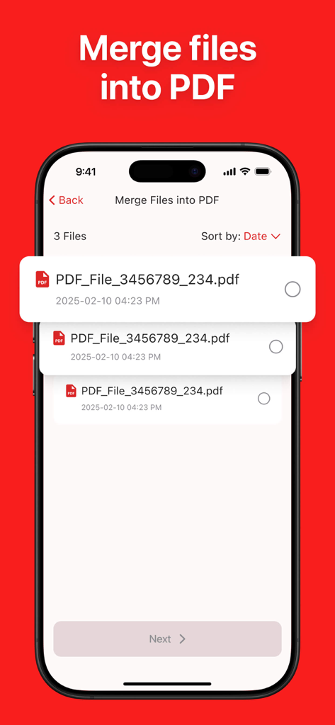 Uma interface de aplicativo móvel mostrando uma lista de documentos selecionados para serem combinados em um único arquivo PDF
