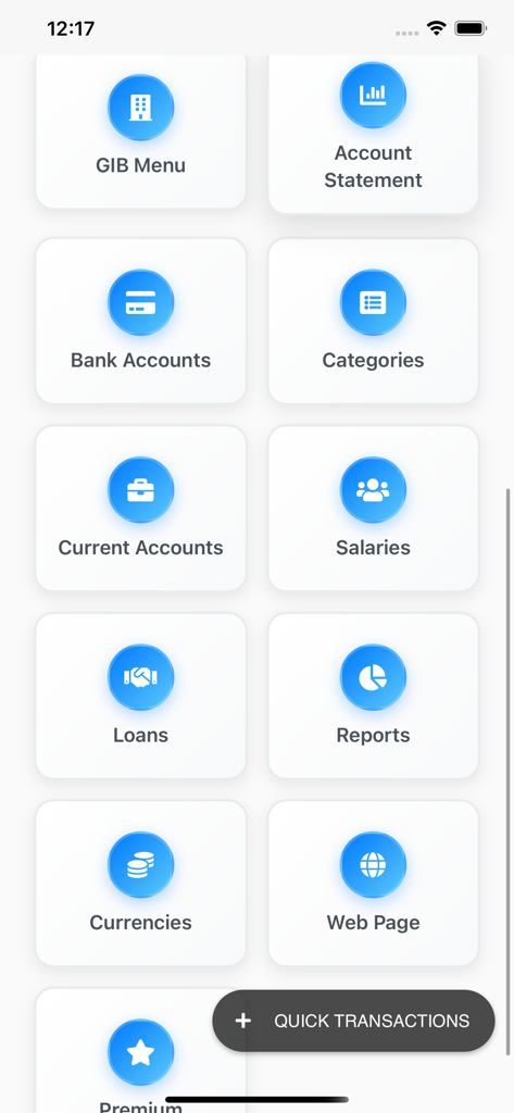 Main dashboard of the Account Tracking System app featuring finance management categories like salaries bank accounts and reports