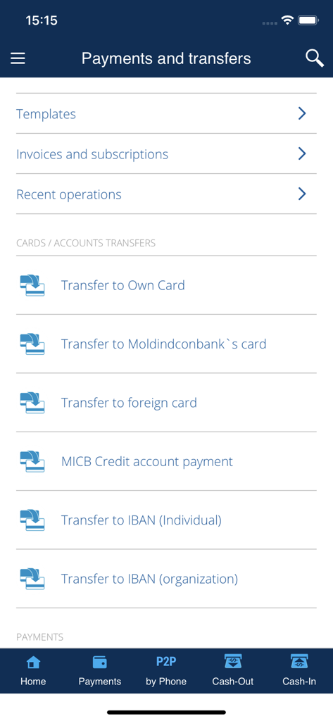 Pantalla de pagos y transferencias de la aplicación MICB Mobile Banking