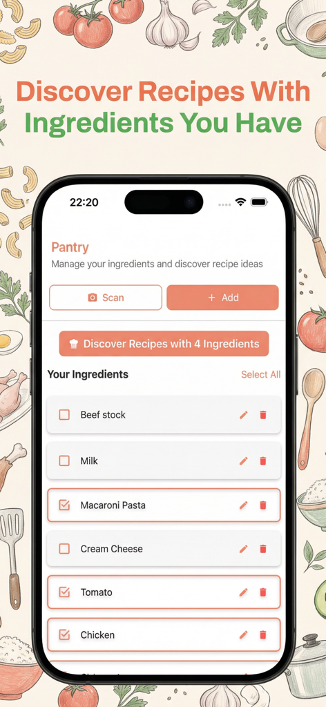 Pantalla de smartphone que muestra la función de gestión de despensa de la aplicación FoodiePrep con una lista de ingredientes y un botón para descubrir recetas basadas en los artículos que tienes