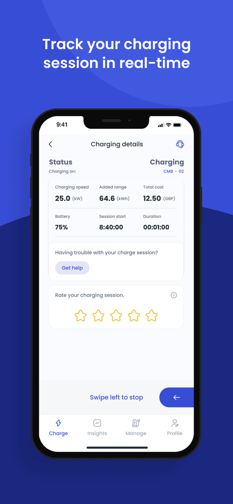 A smartphone screen showing real-time EV charging session details including speed, energy, and cost.