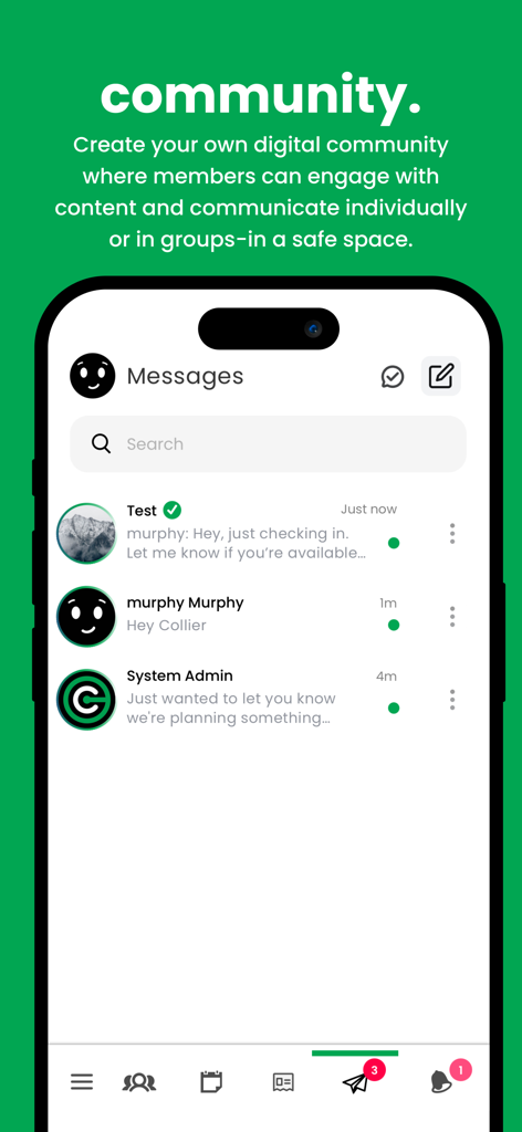connectapp. - Screenshot of the connectapp messaging interface showing a secure community chat list with individual and group message options.