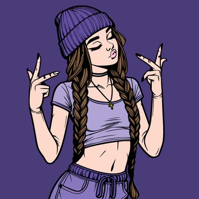 realistic teenage girl with braids and a beanie and crop top doing 🫶🏼