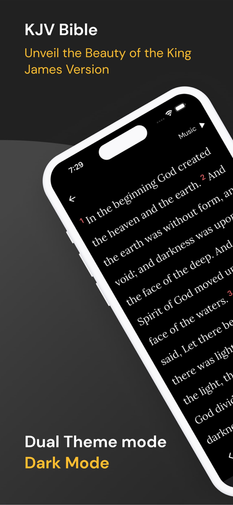 KJV Bible - King James Bible - KJV Bible app interface featuring dark mode and the King James Version text on a smartphone.