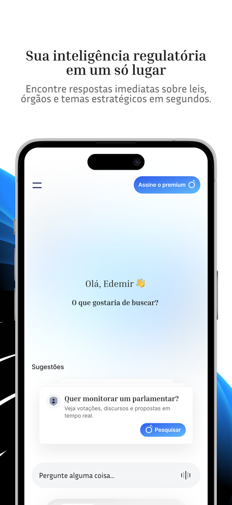 Nomos - Monitoramento Político - Home screen of the Nomos political monitoring app featuring a search bar for regulatory intelligence and legislative tracking options