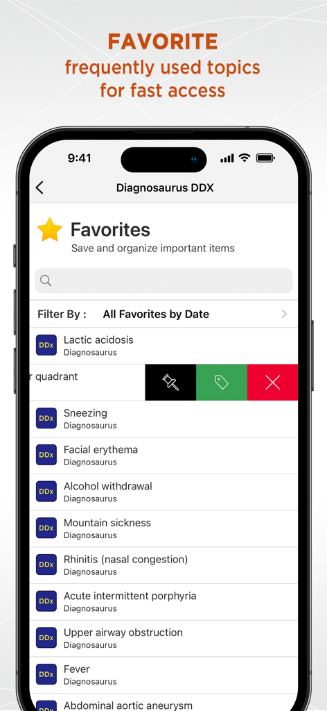Diagnosaurus DDx app screen showing a list of bookmarked medical conditions for fast access