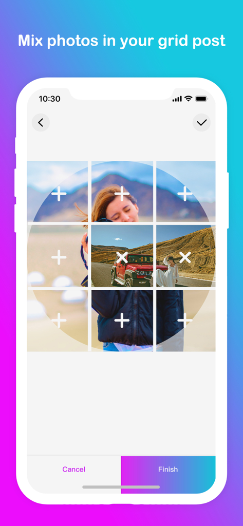 Interface of the Grid Post app showing how to mix multiple photos into a 3x3 grid layout.
