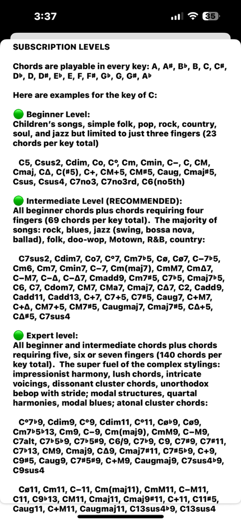Piano Chord Trainer - Piano Chord Trainer app screen detailing beginner intermediate and expert subscription tiers