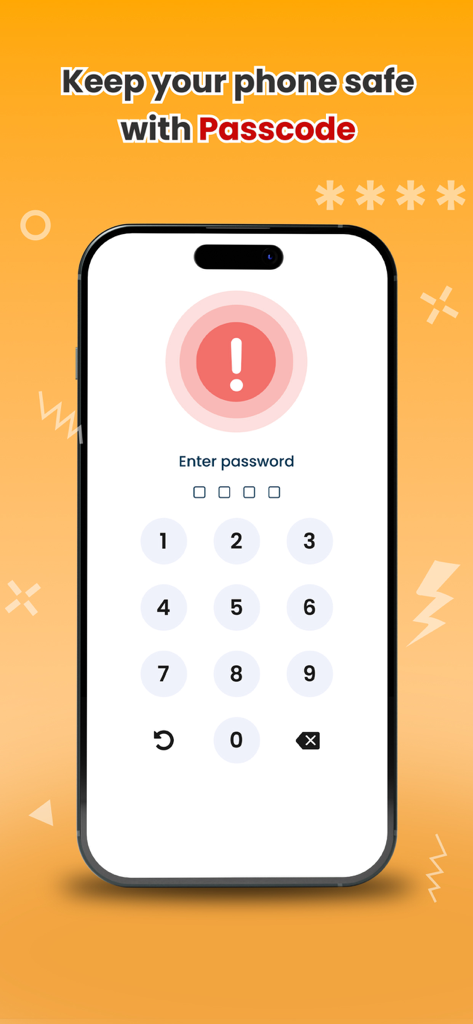 Don't touch phone: Alarm - Smartphone screen showing a numeric passcode keypad for security protection