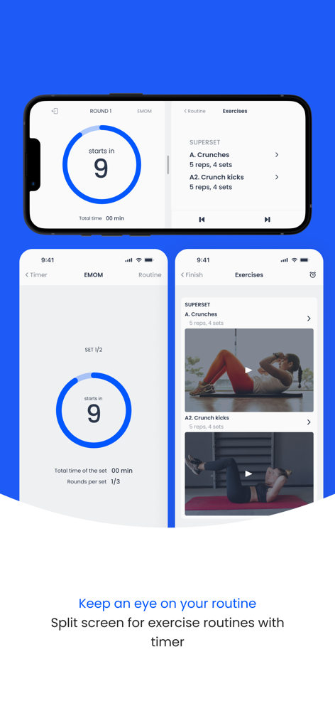 Spot Me - Spot Me app interface showing a split screen with a countdown workout timer and an exercise routine with instructional videos.