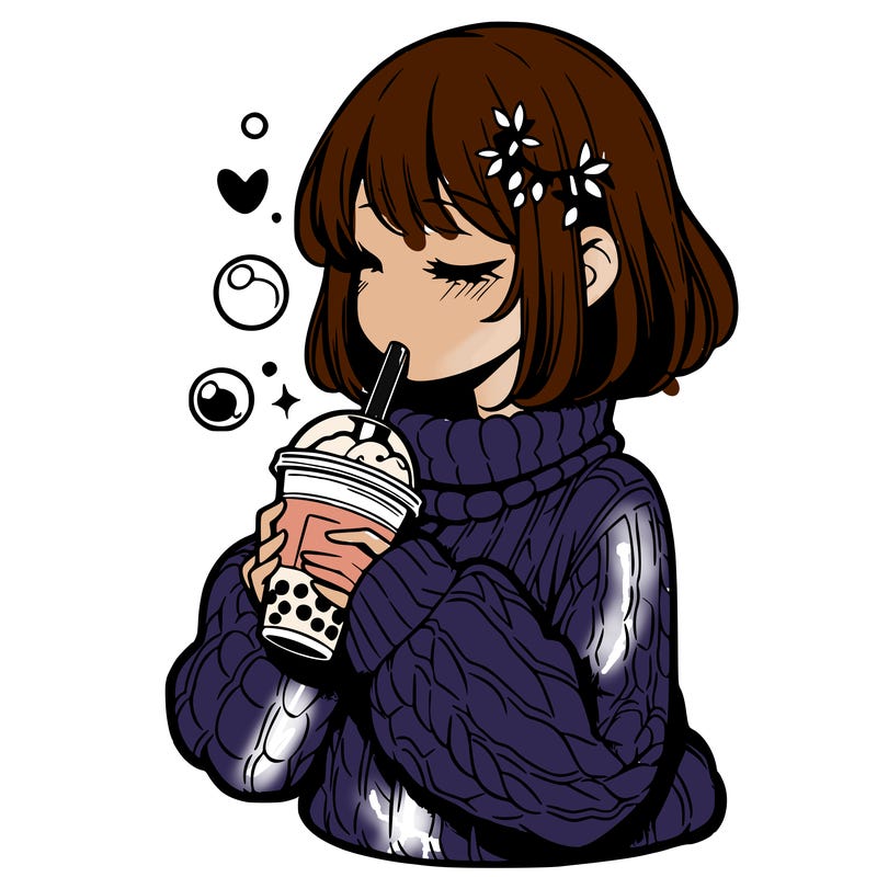 manga girl drinking boba in cozy sweater