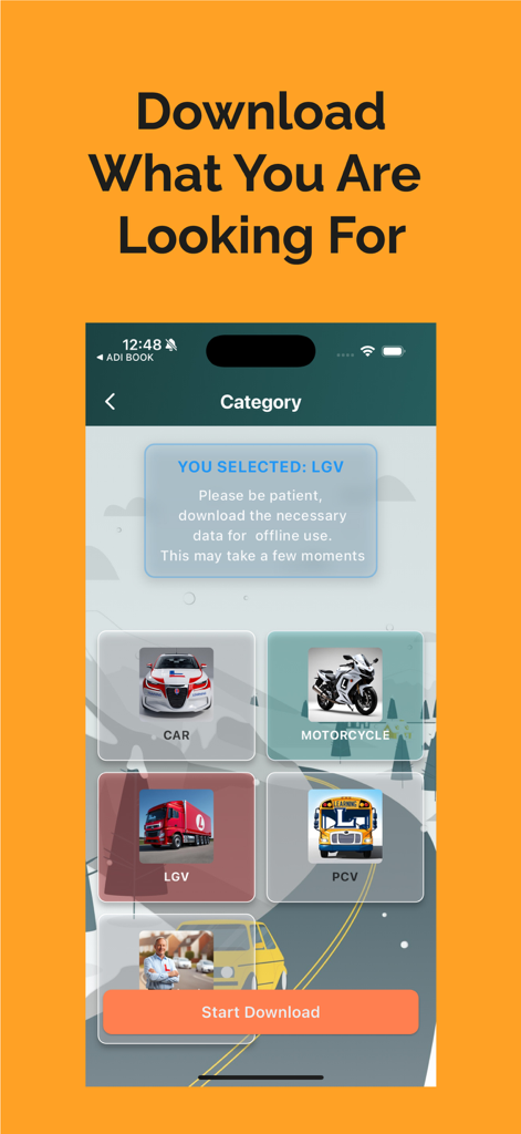 Driving Theory Test Kit UK - Selection screen for driving categories car motorcycle LGV and PCV in the UK theory test app