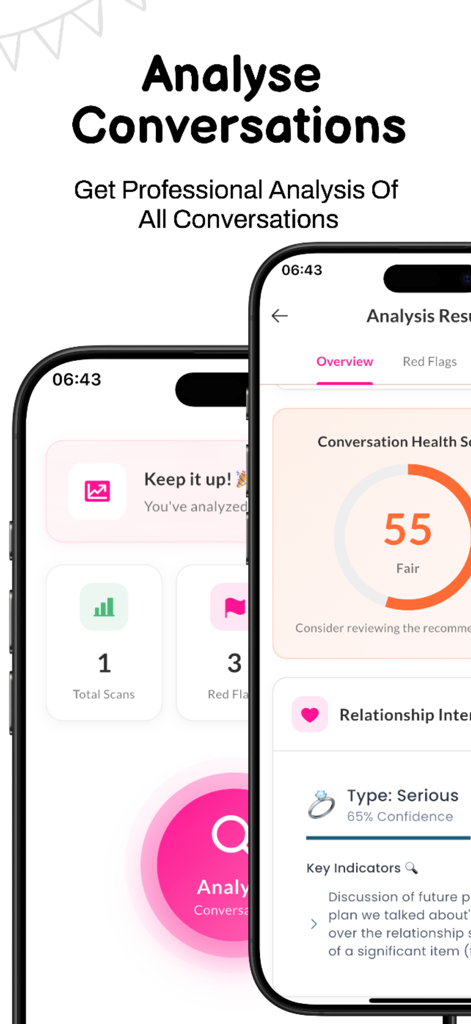 Red Flag Scanner Ai - Interface of the Red Flag Scanner AI app displaying a conversation health score and relationship intent analysis