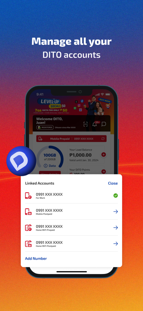 A screenshot of the DITO app interface showing a list of linked accounts for mobile and home wifi management