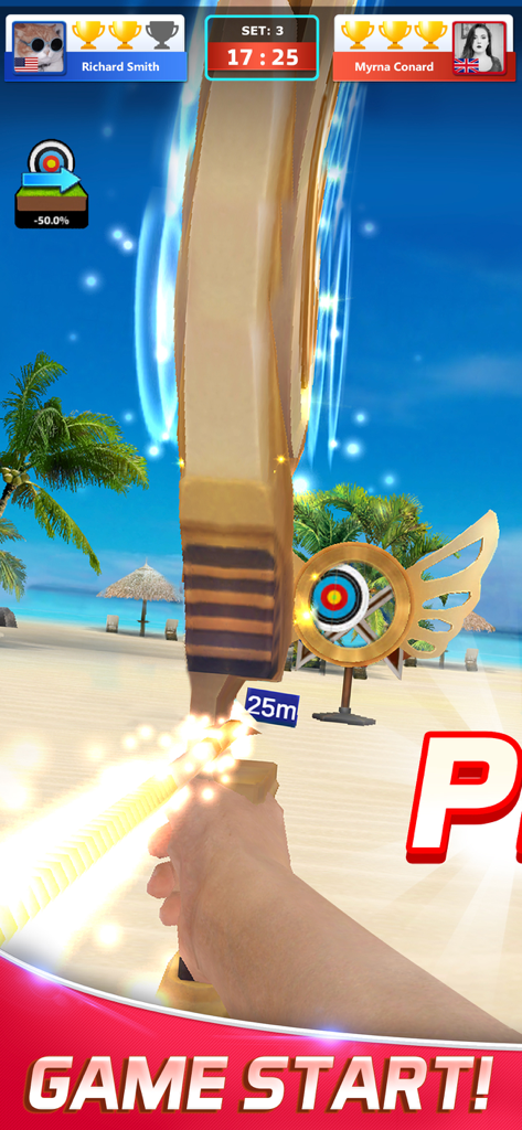 Archery Elite™ - Shooting King - トロピカルビーチでの競技1v1アーチェリーマッチを一人称視点で捉えた画像。プレイヤーが金の弓で的を狙っている。