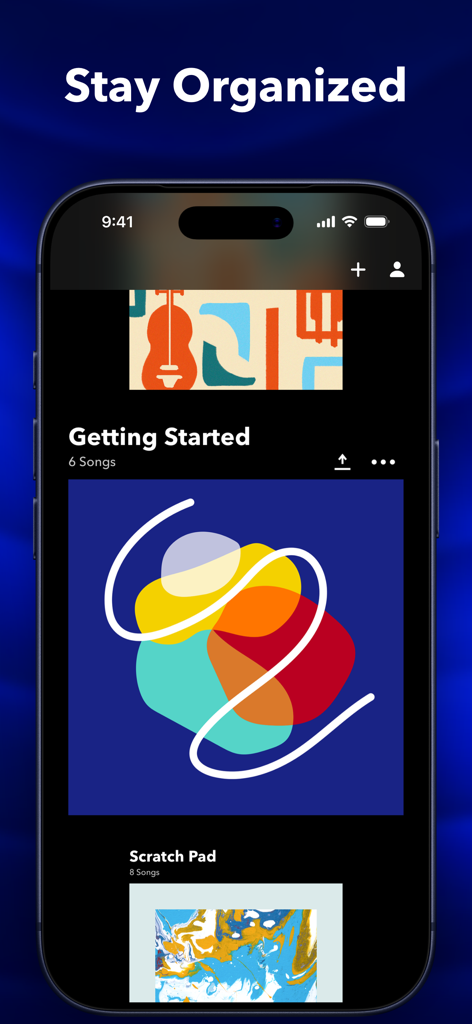 Uno schermo di smartphone che visualizza la libreria di progetti dell'app musicale Medly con copertine colorate e cartelle di brani organizzate.