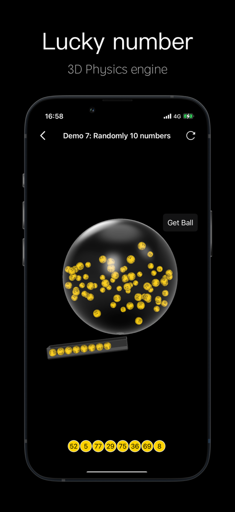 Random Picker - 3D Lucky Ball - Interface de l'application Random Picker présentant une simulation de machine de loterie 3D avec des balles chanceuses jaunes