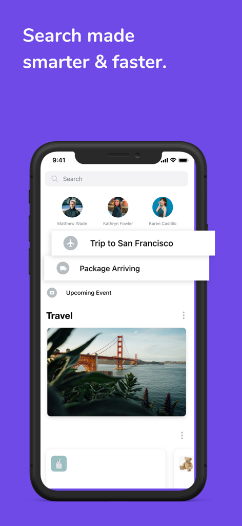 Edison Mail smart search screen featuring travel alerts and package tracking notifications.