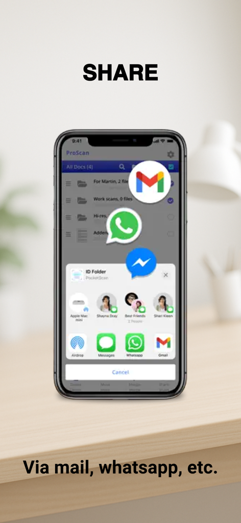 ProScan - Scanner To PDF - ProScanアプリでGmail、WhatsApp、Messenger経由のドキュメント共有オプションを示すiPhone画面