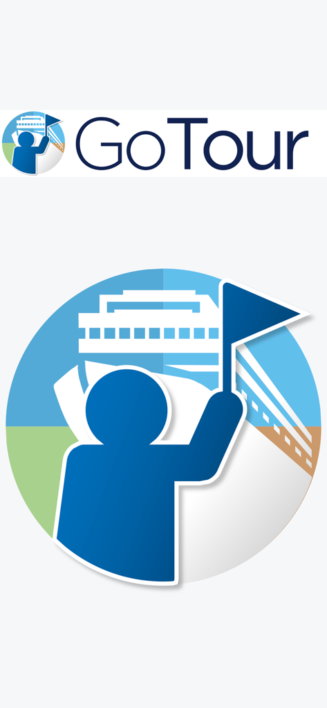 GoTour Excursions - GoTour Excursionsのロゴ。クルーズ船を背景に旗を持つツアーガイドのシルエットが特徴