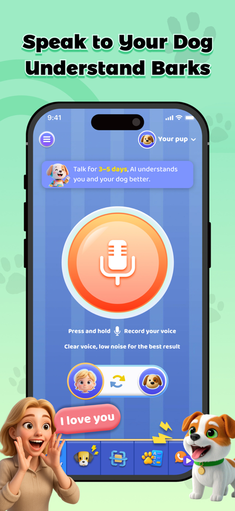 Un smartphone que muestra la pantalla de traducción de humano a perro de la aplicación BarkAI con un gran botón de grabación de micrófono.