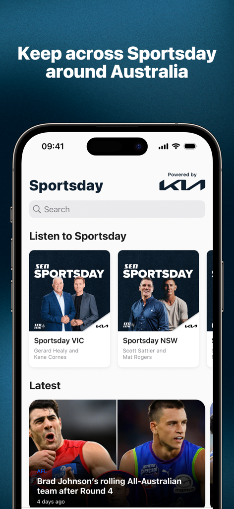 SEN Radio - SEN Radio app interface showing the Sportsday section with regional Australian sports radio stations and AFL news highlights.