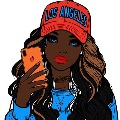 realistic beautiful girl wearing los ángeles cap holding an iphone