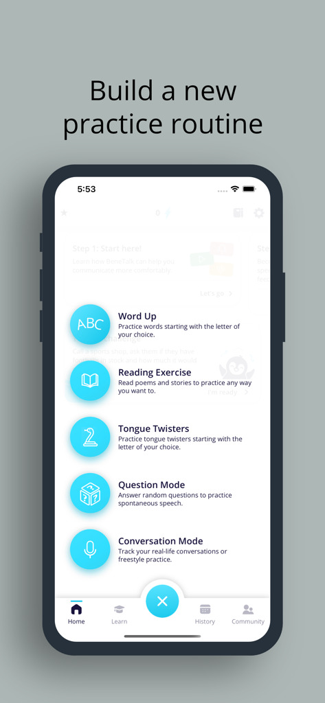 BeneTalk: Stuttering Coach - BeneTalk app screen showing various speech practice exercises including Word Up Reading Exercise and Tongue Twisters