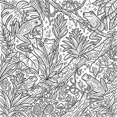 Immerse yourself in the vibrant world of glass frogs with this highly detailed coloring page. Explore a full jungle scene bustling with life, offering endless creative possibilities for all ages.