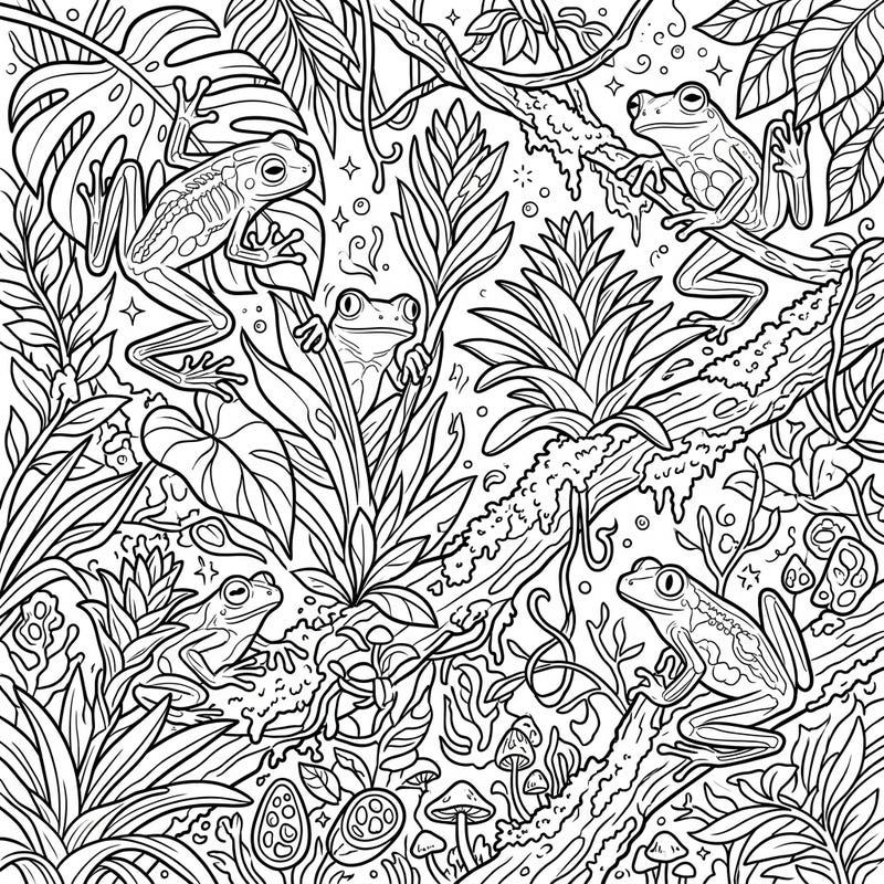 Immerse yourself in the vibrant world of glass frogs with this highly detailed coloring page. Explore a full jungle scene bustling with life, offering endless creative possibilities for all ages.