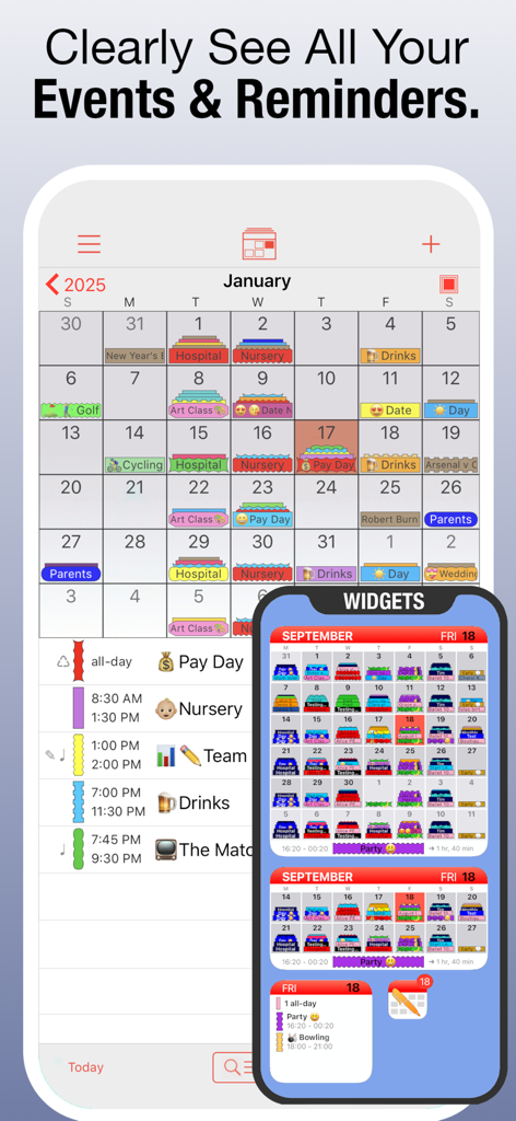 PocketLife Calendar - Interfaccia dell'app PocketLife Calendar che mostra una vista mensile colorata di eventi e promemoria con widget della schermata home di iOS