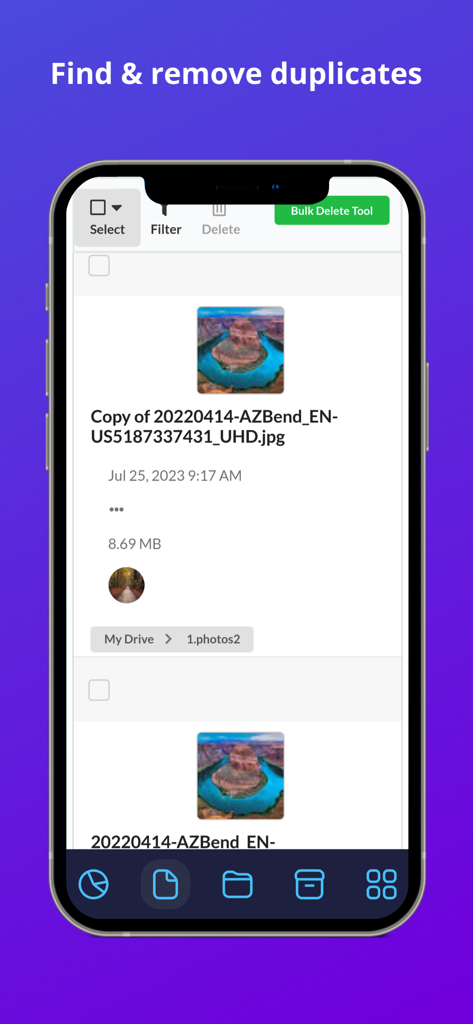 Filerev app interface showing a list of duplicate image files in Google Drive with a bulk delete option.