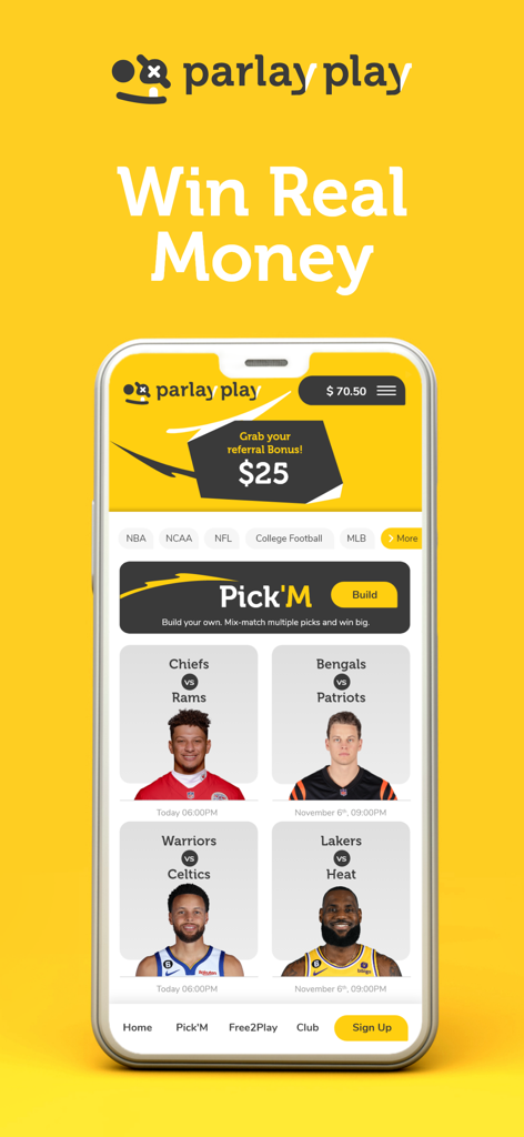 ParlayPlay fantasy sports app interface showing player pick em matchups for NFL and NBA