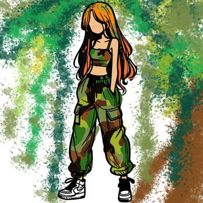 girl in baggy pants crop top and long hair