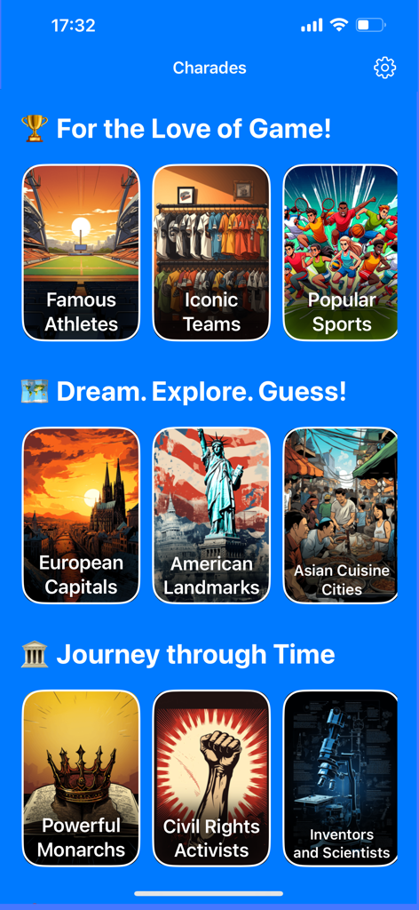 Charades Up - Guess The Word - Charades Up app screen displaying themed game decks like Famous Athletes and American Landmarks.