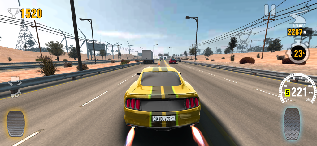 A yellow sports car racing on a desert highway in Traffic Tour Car Fury