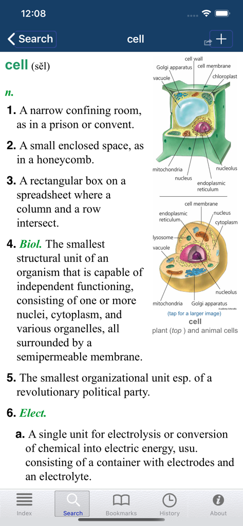 American Heritage® Desk - A lookup for the word cell in the American Heritage Desk app showing multiple definitions and scientific diagrams of plant and animal cells.