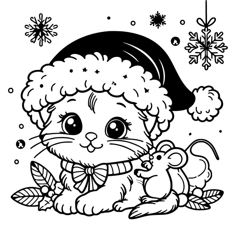 christmas kitten with santa hat and mouse