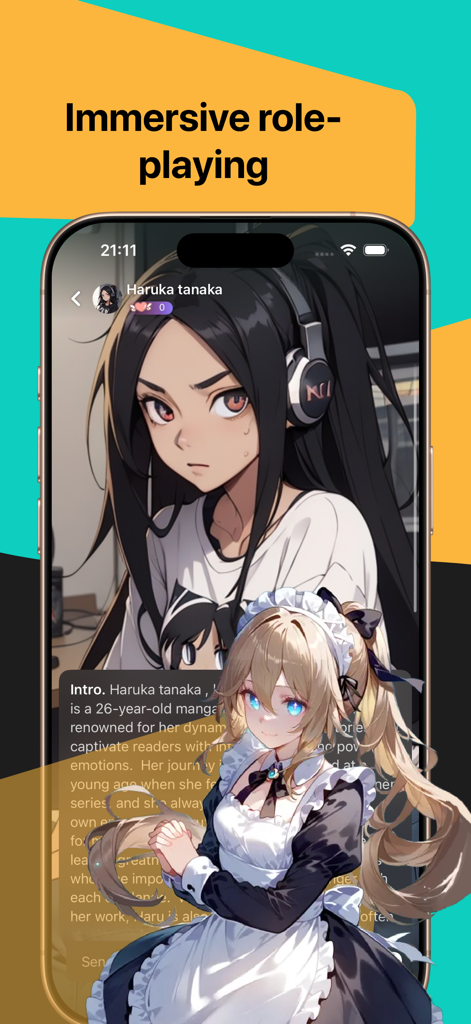 A mobile interface for Emorai app showing immersive role-playing with an anime character named Haruka Tanaka.