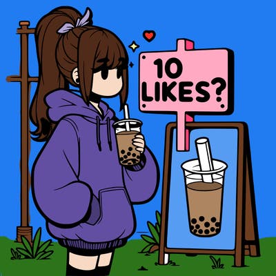 girl with oversized hoodie drinking boba and she has a high ponytail with a sign that says 10likes?