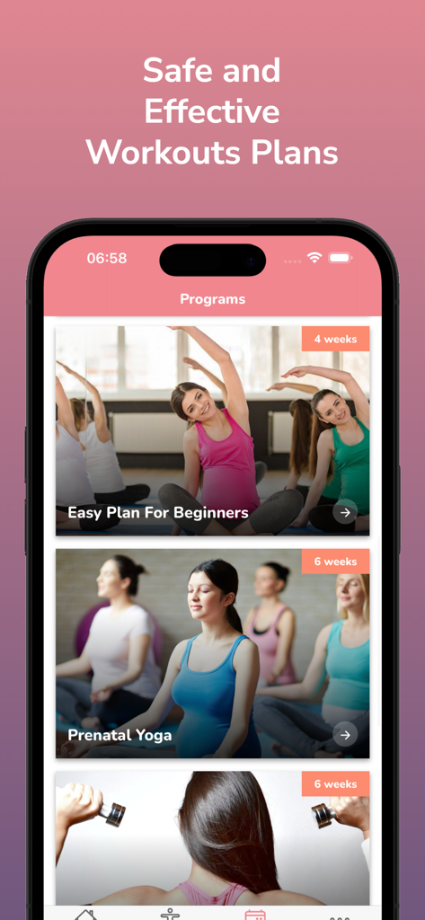 Pregnancy Workout Plan - 산전 요가 및 초보자 운동을 포함한 안전한 임신 운동 계획을 보여주는 모바일 앱 화면