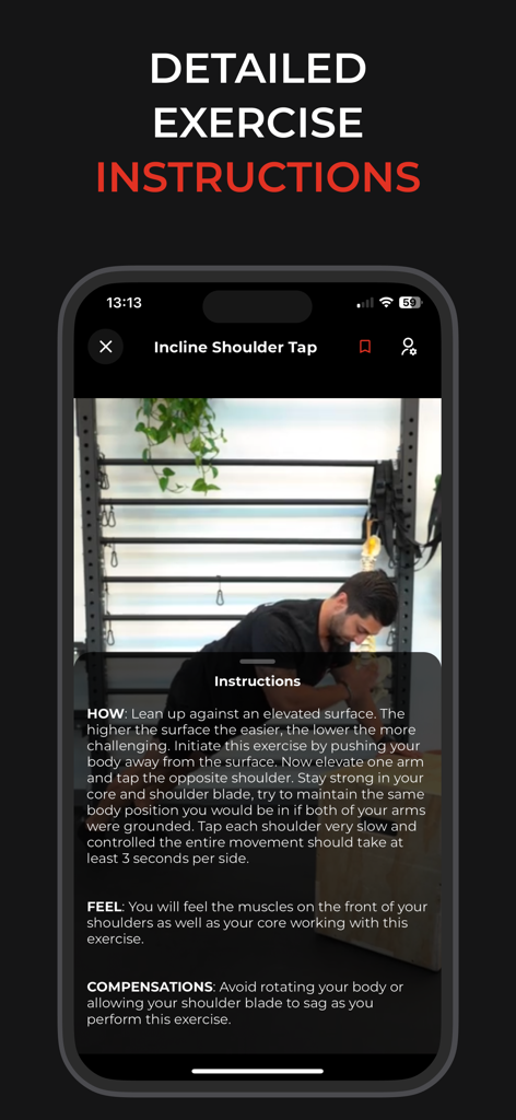 Prehab: Physical Therapy, Pain - Tela do aplicativo Prehab exibindo instruções detalhadas e vídeo para o exercício Incline Shoulder Tap