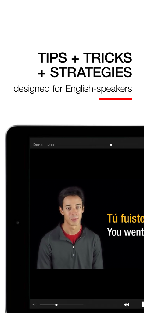 Fluenz - Fluenz video lesson with a tutor explaining language strategies for English speakers on a tablet