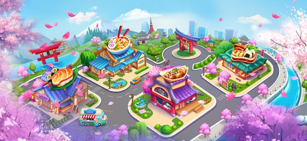 Cooking Love - Restaurant Chef - Colorful city map featuring Japanese themed restaurants like sushi and ramen shops in Cooking Love mobile game.